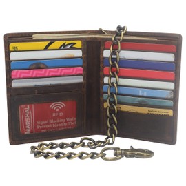 MARSHAL Vintage Leather RFID Blocking Hipster Bifold Biker Long Chain Men's Wallet (Brown With 18inch Brass Chain)