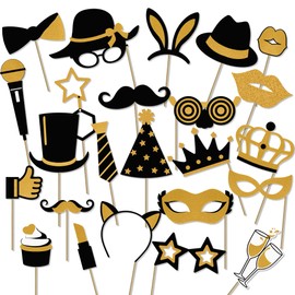 Photo Booth Props, Kaluofan 24PCS Black and Gold Party Decorations, Party Props Accessories for Adults and Kids, Funny Photo Props for Christmas New Years Eve Decorations, Birthday, Weddings