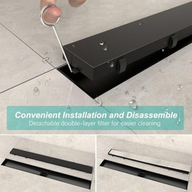 ELLO&ALLO 24 Inch Matte Black Linear Shower Drain, SUS304 Stainless Steel Rectangle Shower Floor Drain with 2-in-1 Flat & Tile Insert Cover