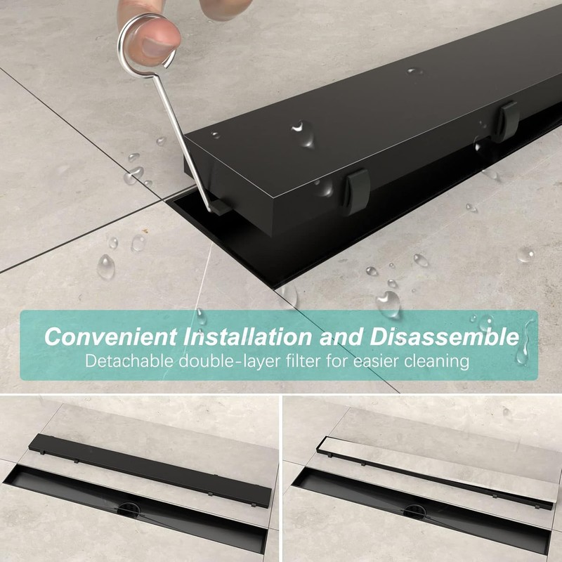 ELLO&ALLO 24 Inch Matte Black Linear Shower Drain, SUS304 Stainless