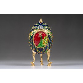 Crown Heritage Collectibles Mini Peacock Egg - Handset Crystals, Gold Tone, Handset on The Front and Back Peacock Feather Coloring