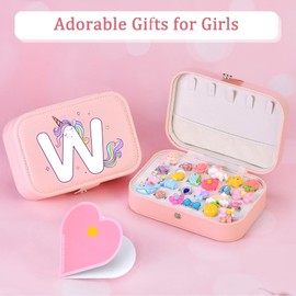 K-Acc Little Girl 24 Jewel Rings Set with Initial Unicorn Jewelry Box - Birthday Gifts for Girls (Letter W)