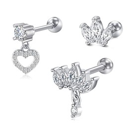 FECTAS 16G Cartilage Tragus Stud Earrings For Women Men CZ Heart Helix Conch Ear Piercing Jewelelry Silver 3pcs