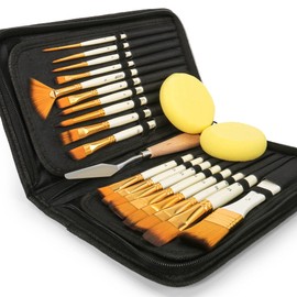 Artify 18 Piece Paint Brush Set for Acrylic Oil Watercolor Gouache Painting with Pop Up Carry Bag with Palette Knife and 2 Sponges White