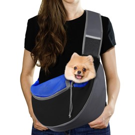 Pawaboo Dog Sling Carrier Bag, Hands-Free Breathable Mesh Bag for Puppies and Cats, Drawstring Dog Papoose with Adjustable Strap and Bag, Crossbody School Bag Dog Handbag, L, Indigo
