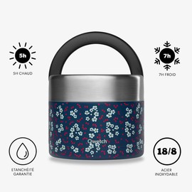 QWETCH - Lunch Box Stainless Steel Isotherm - Hanami Blue 850 ml - Food Box Hot Meal - 5 Hours Warm & 7 Hours Cold - Waterproof & BPA Free