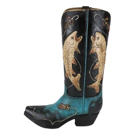 Ebros Rustic Western Fishing Angler Jumping Bass Fishes Cowboy Cowgirl Boot Decorative Figurine Or Floral Vase Planter Tooled Leather Finish Table Shelf Countertop Accent