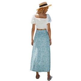Floerns Women's Boho Floral High Waist Split A Line Midi Skirt Light Blue L