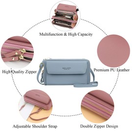 Yixuan Damen Schultertasche Handy Umhängetasche zum Umhängen mit 2 Reißverschluss Beutel Geldbörse Portemonnaie PU Leder Tasche Handytasche mit Kartenfächer Verstellbar Schultergurt