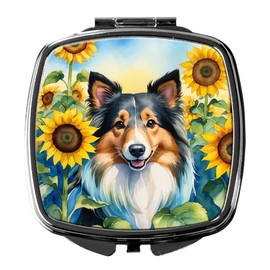 Caroline's Treasures Sheltie in Sunflowers Compact Mirror Decorative Travel Makeup Mirror for Women Girls Gifts Pocket Makeup Mirror Folding Handheld