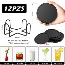 INGEQUIS 12 Piezas Posavasos de Silicona para Mesa, Portavasos Antideslizantes con Soporte, Resistente al Calor para Fiesta, Hogar, Restaurante, Cafetería, Bar(Negro)
