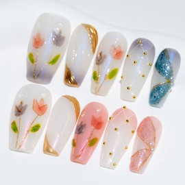 Sun&Beam Nails Handmade Nail Tip, Medium, Long, Ballerina, Pink, Blue, Gold, Popular, 3D, Fashionable, Cute Design, False Nails, Set of 10 (#56 XS)