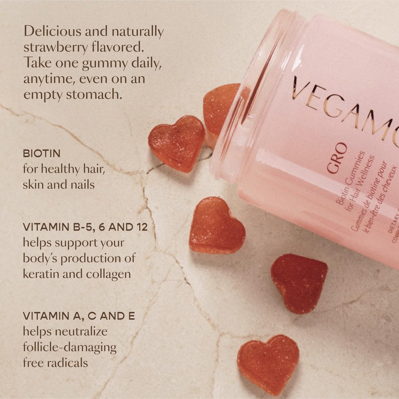 VEGAMOUR GRO Biotin Gummies, Strawberry Flavor with 5000 mcg Biotin,