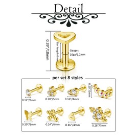 AllerPierce 8 Tragus Piercings Lip Piercing 16ga 6 mm Heart Cross Crescent Moon Butterfly CZ Stud Nose Stud Labret Helix Cartilage Piercing for Girls Women