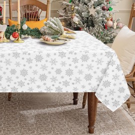FRAMICS Christmas Table Cloth 60 x 120 Inch, Waterproof White Silver Snowflake Tablecloth Rectangular, Washable Xmas Table Cover Spillproof Winter Table Cloths Cover for Holiday Christmas Decorations