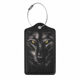 Numland Luggage Tag Black Wolf,Stainless Steel Ring Leather Luggage Tag for Travel Bag Suitcase