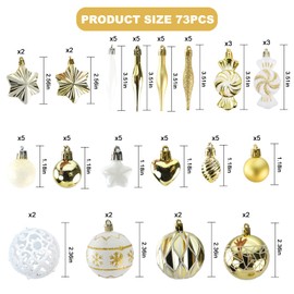 73 Pcs Christmas Ball Ornaments, Christmas Tree Decoration Set Gold White Christmas Ball Shatterproof Hanging Ornament Decorations for Christmas Tree, Wreaths, and Outdoor Displays (Golden)
