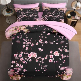 WeCozy 7 Pcs King Size Comforter Set with 2 Pillowcases & 2 Shams, Tree Flower Floral Bedding for Kids and Adults, Pink Cherry Blossom Bed in a Bag with Flat Fitted Sheet