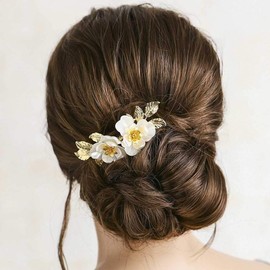 CASOLVX Bridal Hair Comb White Flower Gold Leaf Hair Pieces Wedding Hair Headpieces for Brides Bridesmaids Women Girls