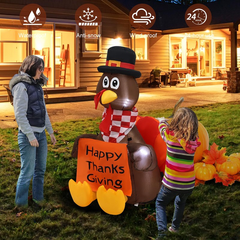 InfleasJoiy 4 FT Pull Banner Turkey Thanksgiving Inflatable Decoration with