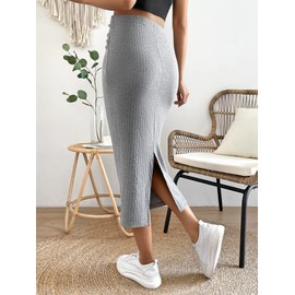 OYOANGLE Women's Maternity Adjustable High Waist Ribbed Knit Split Hem Midi Pencil Skirt Light Grey L