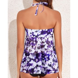 Talisea Women Bandeau Tankini Top Only Mesh Strapless Swimsuits Top Halter Flyaway Bathing Suits No Bottom Black, Purple Floral, Large