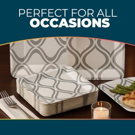 Elegant Square White & Silver Moroccan Paper Plate Set (36 Pcs.) - Includes Dinner & Side Plates - Perfect for Weddings, Birthday Parties, & Special Events