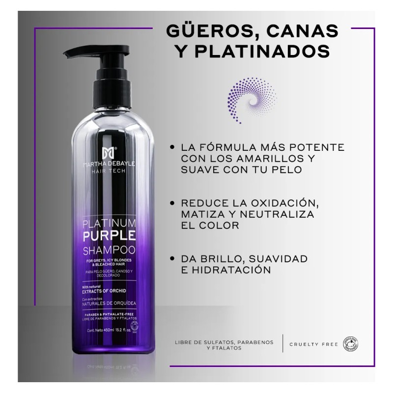 MARTHA DEBAYLE HAIR TECH Platinum Purple Shampoo. Matiza y neutraliza.