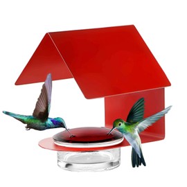 Mosaic Birds Cottage Hummingbird Feeder |Glass Hummingbird Feeder with 3.4 Ounce Nectar Capacity| 4 Feeding Ports & Wide Mouth Bowl, Hanging Bird Feeder with Recycled Glass Lid, Red