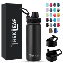 Trek Leaf Travel Water Bottle with 3 Lids (Spout, Straw, Flip) Leak Proof, Quality, Vacuum Insulated, Stainless Steel (Black, 18 oz)