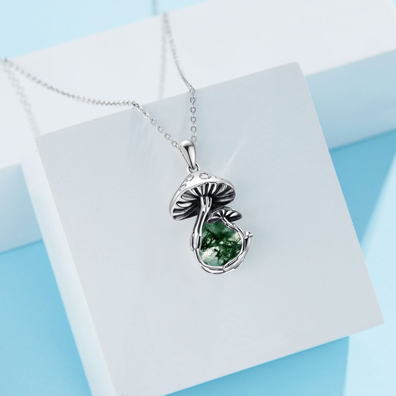YAFEINI Mushroom Necklace Moss Agate Sterling Silver Mushroom Pendant Mushroom