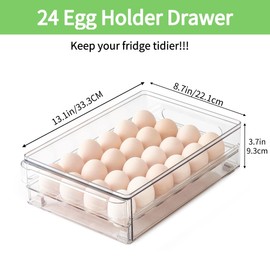 vacane 24 Capacity Egg Holder for Refrigerator Organizer Bins, BPA Free Egg Storage Container with Non-Slip Pads, Space-Saving Egg Tray for Fridge Drawer
