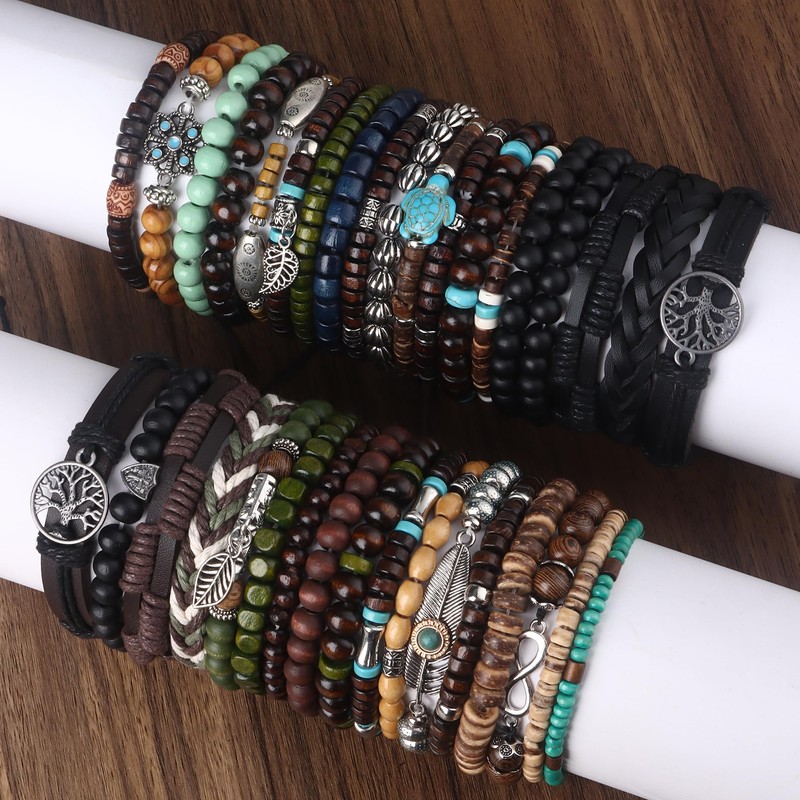 Jewdreamer 38Pcs Punk Wooden Beads Bracelets Gothic Bracelet for Men