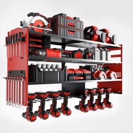oviitech Power Tool Organizer Wall Mount, 8 Drill Holder Wall Mount Loads 400lbs, 4 Layer Heavy Duty Metal Power Tool Storage, Red, Utility Rack for Garage Workshop, Gifts for Men