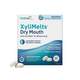 OraCoat XyliMelts Dry Mouth Relief Stick-On-Melts for Sensitive Mouths, Mint-Free and Acacia Gum-Free with Xylitol, 40 Count, Non-Acidic, Day & Night User, Long Lasting 8-Hour Moisturizing Relief