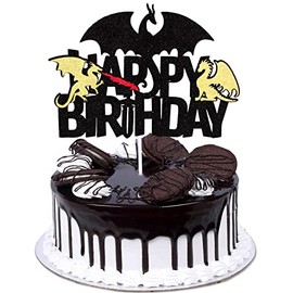 Dragon Happy Birthday Cake Topper - Fire Dragon Birthday Black Glitter Cake Topper - Boy Birthday Dragon Party Cake Decoration