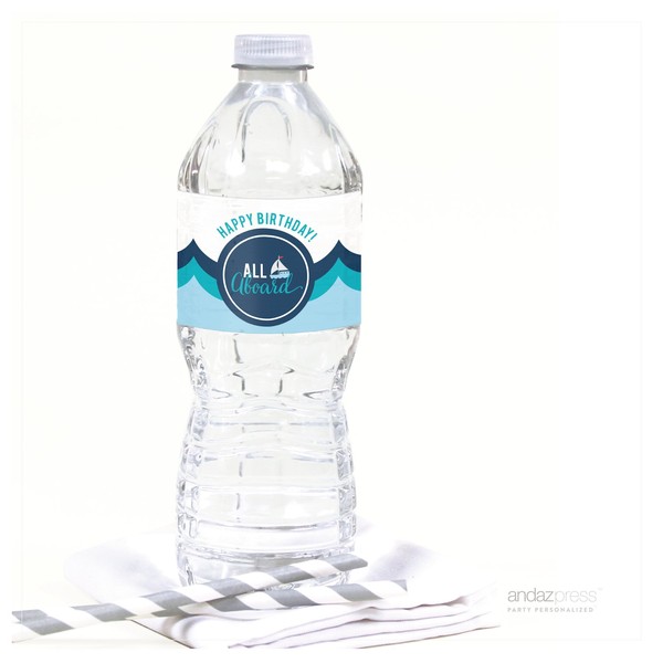 Andaz Press Sail Away Nautical Birthday Collection, All Aboard Water Bottle Labels, 20-Pack
