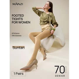 MANZI Tights for Women Solid Color Pantyhose Colored Semi Opaque Footed Tights Soft Stretch High Waist Stockings 70 Denier（Suntan,XL）