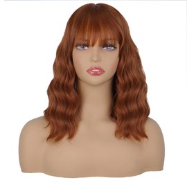Greenmirr Short Auburn Brown Bob Wavy Wigs with Fringe Heat Resistant Synthetic Hair 14 Inches (Auburn Brown)