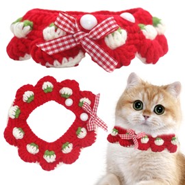 Pacaba Red Cat Collar with Bow Tie and Strawberry Pattern Breakaway Design Comfortable for Kittens and Small Puppies Stylish Cat Clothes and Decoration (M)