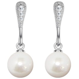 LÖB Women's Pearl Earrings Hanging 925 Silver with Zirconia Rhinestone Stones Teardrop Shape Pearl Pendant White Earrings Stud Earrings Bridal Jewellery, Sterling Silver, Cubic Zirconia