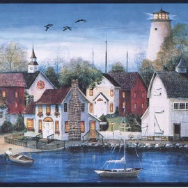 CONCORD WALLCOVERINGS ™ Wallpaper Border Nautical Pattern Marina Boats Church Sky for Cottage Farm Kitchen Dining Room, Blue Green Brown White, 15 Feet by 10.25 Inches PC95091B