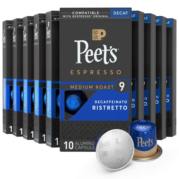 Peet's Coffee, Dark Roast Decaf Espresso Coffee Pods Compatible with Nespresso Original Machine, Decaf Ristretto Intensity 9, 100 Count (10 Boxes of 10 Espresso Capsules)