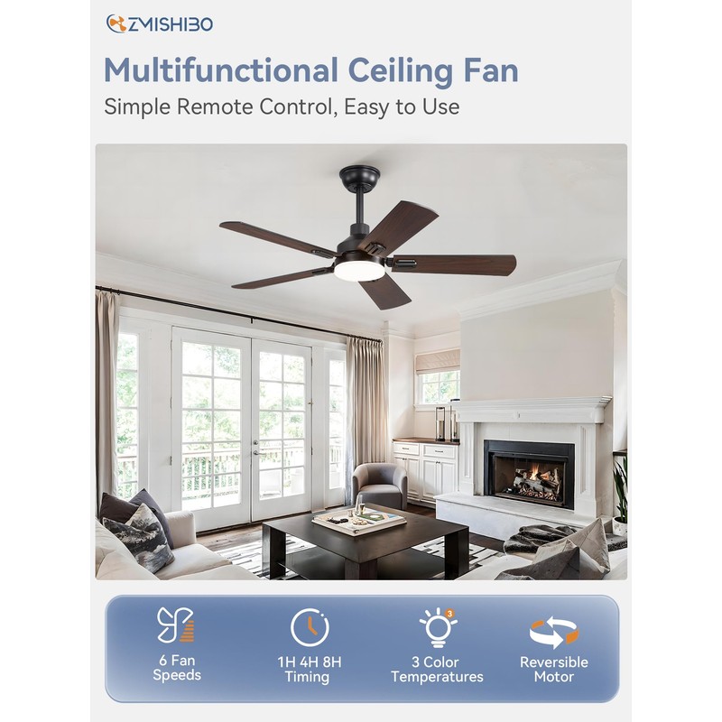 ZMISHIBO 44" Ceiling Fans with Lights, Black Modern Ceiling Fan