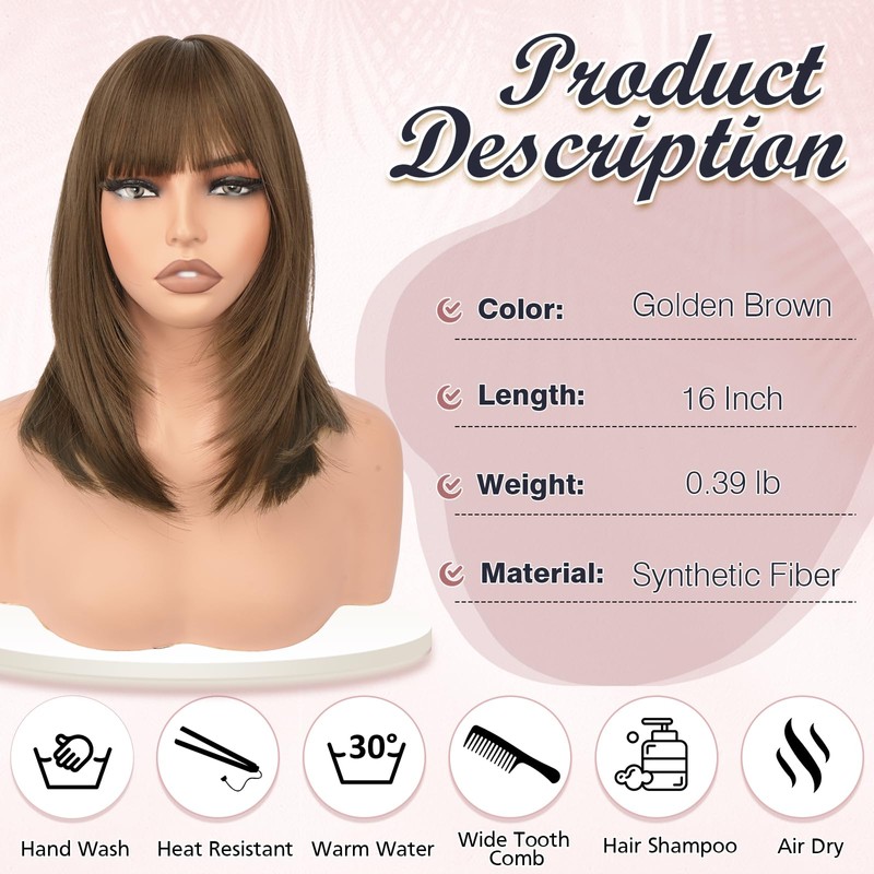 Brown Bob Wig with Bangs Shoulder Length Straight Wigs for