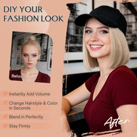 Hat Wig Extensions, Baseball Cap with Synthetic Hair Attached, Adjustable Wig Hairpieces for Women Daily Outdoor, 6 Inch Short Straight Deep Brown Hair with Grey Cap