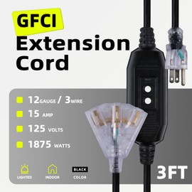 Ultra Explorer 3 Ft Lighted GFCI Extension Cord with 3 Electrical Power Outlets - 12/3 SJTW Heavy Duty Black Pigtail Extension Cable with 3 Prong Grounded Plug for Safety, UL Listed