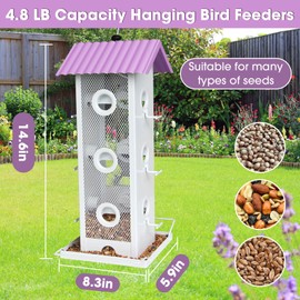 Metal Bird Feeder for Outdoor, Hanging Squirrel Proof Outside Bird Feeders with 4.8LB Large Capacity for Finch Cardinal, Chew Proof Wild Birdfeeders for Garden Yard Backyard, Purple