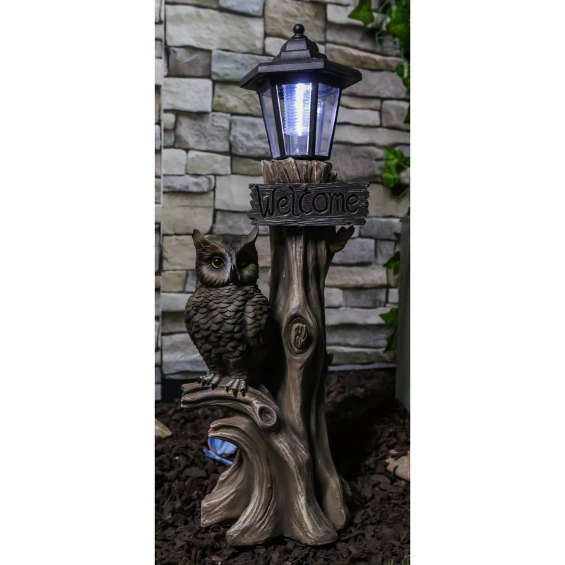 Ebros Forest Guardian Night Owl Welcome Sign Statue With Solar