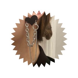 Aneneiceera Vintage Black Enamelled Heart Stud Earrings Silver Chain Dangle Earrings Paper Clip Chain Earrings Chunky Link Chain Tassel Earrings Jewellery for Women and Girls, Zinc